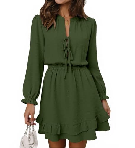 Angashion Women's Tie Front Mini Dress: V Neck Long Sleeve Elastic Waistband Layer Ruffle Hem Dress with Pockets Army Green Medium