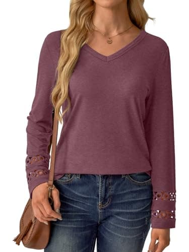 GKBK Women’s Long Sleeve V Neck Tunic Top Casual Dressy Blouse Business Loose Fit Trendy 2025 Fall Outfits Wine Red XL - Thumbnail 4