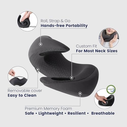 Dream Valley® Neck Travel Pillow, Memory Foam Travel Pillow for Airplane, Portable Roll-Up Neck Pillow with Cooling Inner Fabric, 360° Ergonomic Support, Asymmetrical Design, Travel Bag Included - Thumbnail 5