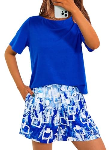 PRETTYGARDEN Women's Summer 2 Piece Outfits Lounge Sets Short Sleeve Tee Shirts Tops Blouses Pockets Printed Shorts Tracksuit (Blue,Small) - Image 1