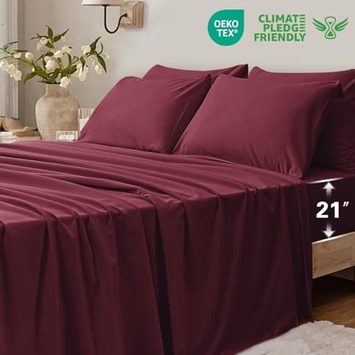 USXIBEI 4 Piece Twin Sheet Set – Breathable & Cooling Bedding Set with 18-24 Inch Deep Pockets - 1 Flat & 1 Fitted Sheet & 2 Pillowcases（Twin Burgundy） - Thumbnail 3