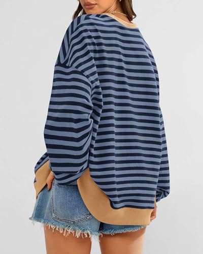 BTFBM Sweatshirt For Women 2026 Summer Crewneck Long Sleeve Oversized Striped Pullover Tops Y2K Clothes Workout Shirt(Blue Navy, X-Large) - Thumbnail 2