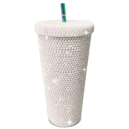 26oz Bling Rhinestone Studded Tumbler with Lid and Straws, Bling Cups Stainless Steel Water Bottle Diamond Glitter Tumbler for Women - Birthday Gifts for Women, Mom,Get Well Soon Gifts (White)
