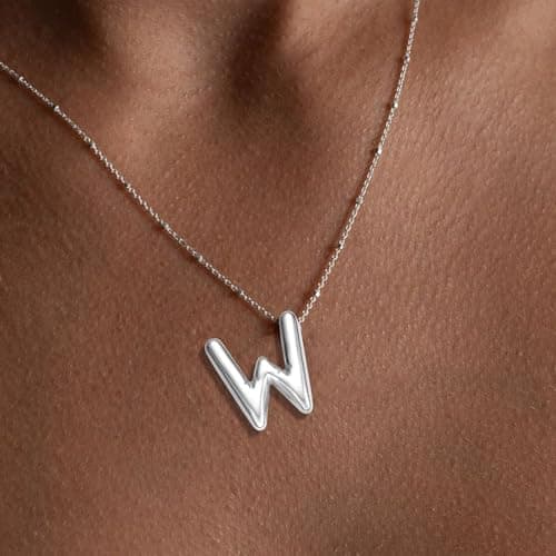 BOLAGTIER Chuncky Bubble Letter Necklace Trendy Jewelry Gift (W, Silver) - Thumbnail 2