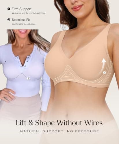 Wireless Bra Pushup Bras for Women Seamless Bras with Support and Lift Comfortable Bralettes No Underwire Comfy Deep V Tshirt Bra Nude - Thumbnail 2
