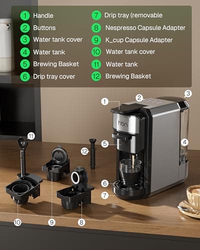 HBN 3-in-1 for Nespresso Capsule & K-Cup Pods & Ground Coffee Multi Coffee Maker Single Serve, 19Bar Programmable One-Touch Brewing Espresso Machine, 20oz Removable Water Tank, 1450W Fast Heat - Thumbnail 5