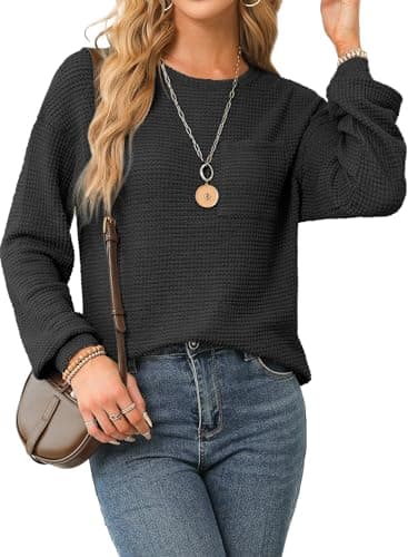 Dokotoo Womens Tops Trendy 2026 Spring Sweater Outfits Long Sleeve Shirts Women Blouses Dressy Women's Clothing Fashion Casual Business Cute Oversized Tunic Loose Fit Tshirts Teacher Outfits Black - Thumbnail 2