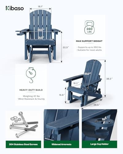 Kibaso 3-Position Adjustable Adirondack Chair with Cup Holder, HDPE All-Weather Outdoor Glider Chair, Wood-Grain Fire Pit Chairs for Pool, Yard, Deck (Blue) - Thumbnail 3