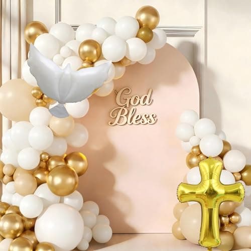 First Communion Decorations Baptism Decorations Balloon Garland Arch Kit 160Pcs White Sand White Gold balloons With Cross and Dove Balloons for God Bless Christening Birthday Party Supplies - Image 1