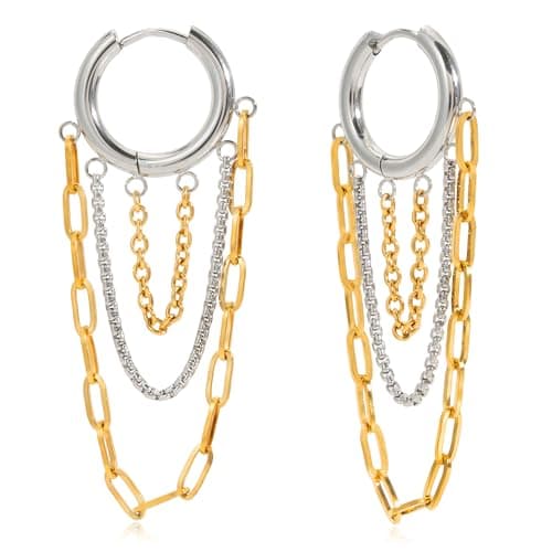COORWEEL Silver Chain Tassel Hoop Earrings for Women Trendy Two Tone Dangling Chain Earrings Jewelry - Image 1