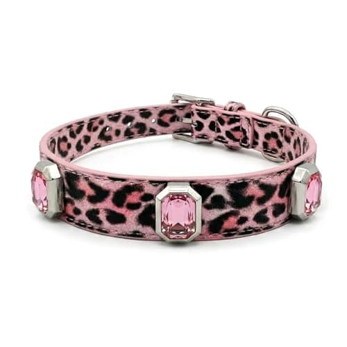 Luxury K9 Crystal Dog Collar -Waterproof Wear-Resistant Microfiber Leather with Hand-Set Rhinestone Gems, Durable Metal Buckle, Adjustable Bling Collar for Small Medium Large Dogs (Pink Leopard, M) - Image 1