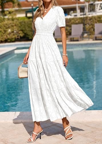 KIRUNDO Summer Dresses for Women 2026 Boho Flowy Casual Short Sleeve V Neck Elastic Waist Floral Long Baby Shower Maxi Dress(White, Small) - Thumbnail 3