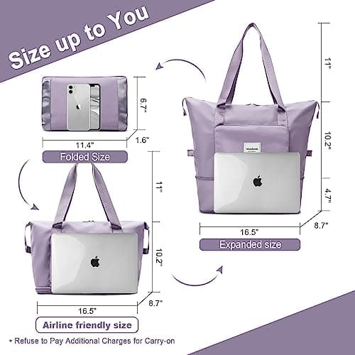 WOOMADA Foldable Travel Duffel - Women's Weekender & Gym Bag, Expandable Space, Airplane Carry-On, Wet Pocket & Trolley Sleeve, Lightweight (Lilac) - Thumbnail 2