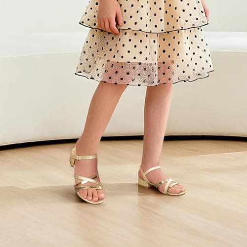 Athlefit Girls Sandals Low Heels Open Toe Flower Girl Summer Dress Easter Shoes for Party Wedding Gold Size 2 Little Kid - Thumbnail 2