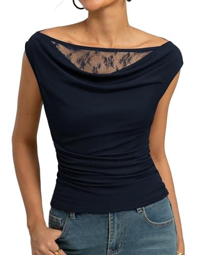 Kate Kasin Womens Off The Shoulder Tops, Summer Cowl Neck Slim Fit Top, Y2K Going Out Shirts Outfits 2026 Navy - Image 1