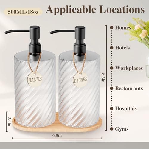 18Oz Spiral Stripe Soap Dispenser Set - Black Stainless Steel Pump with Wood Tray, Refillable for Kitchen Sink & Bathroom Vanity, Dish Liquid & Hand Soap Storage Solution - Thumbnail 2