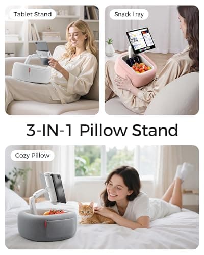 LULULOOK Tablet Pillow Stand, Compatible with iPad, iPhone and 4.7-14.6”Tablet, 360° Adjustable Kindle Pillow Stand for Bed with Ultra Fluffy Fabric & Snack Bowl (Snug Pink) - Thumbnail 2