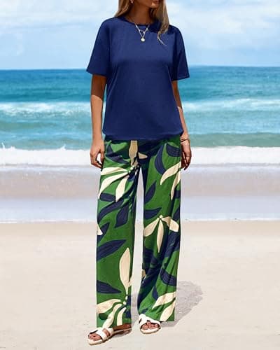 PRETTYGARDEN Women Summer 2 Piece Outfits 2026 Short Sleeve Knit Top Floral Print Belted Wide Leg Pant Sets With Pockets(Flroal Army Green,Small) - Thumbnail 6