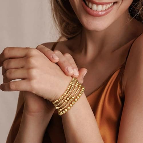 adoyi Gold Bracelets for Women 14K Gold Plated Stackable Beaded Strand Ball Bracelet stack Set Adjustable Non Tarnish Jewelry Sets for Womens Gifts - Thumbnail 2