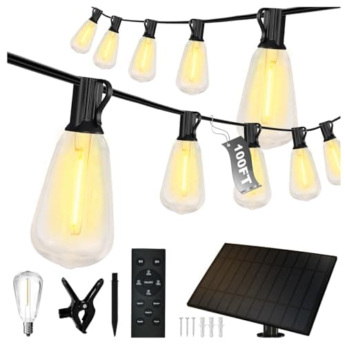 DAYBETTER 100ft Solar String Lights Outdoor Waterproof 50 Bulbs 2700K Warm White Outdoor String Lights Solar Powered 5W Solar Panel, 12+ Hours Runtime Luces solares automáticas