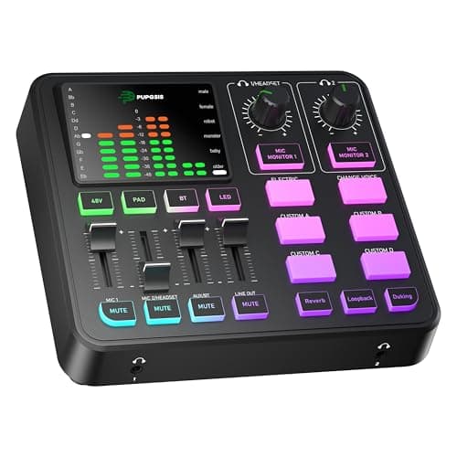 PUPGSIS Gaming Audio Mixer, Audio Interface for PC/Podcast/Streaming, Sound Board with 3.5mm/XLR Mic Input, 48V Phantom Power, Voice Changer, Live Sound Card with DJ Mixer Effects/Bluetooth/4 Channel - Image 1