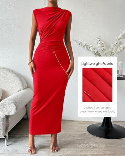 BTFBM Women's Ruched Bodycon Dress Summer Casual Sleeveless Lightweight Back Slit Elegant Club Party Cocktail Maxi Dresses(Red, Medium) - Thumbnail 6