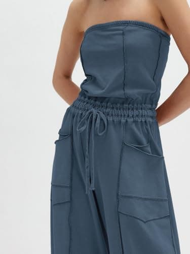 Sexyasasii Tube Top Jumpsuit for Women Strapless Summer Casual Off the Shoulder Long Barrel Pants One Piece Pull on Jumpsuits with Pockets - Thumbnail 4