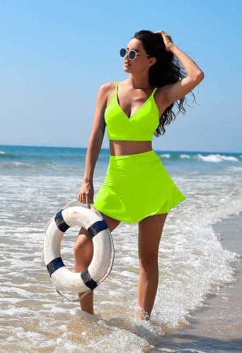 Pink Queen Women High Waisted Bikini Sets Two Piece Skirt Swimsuit V Neck Spaghetti Straps Bathing Suit Fruit Green L - Thumbnail 3