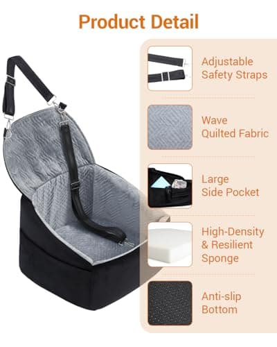 NUPIDA Dog Car Seat for Small Dogs, Dog Booster Seat with Extendable Backrest, Pet Car Seats up to 30 lbs, Washable Removable Cover Travel Bed with Storage Pockets and 2 Safety Leashes, Black&Grey - Thumbnail 6