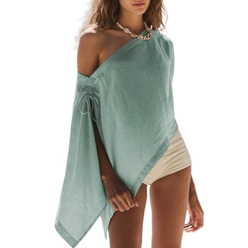 Ainangua Womens Sheer Poncho Beach Tops Casual Split Sleeve Drawstring Cover Up Versatile Flowy Cape Shawl Vacation Outfits(Cyan,M) - Image 1