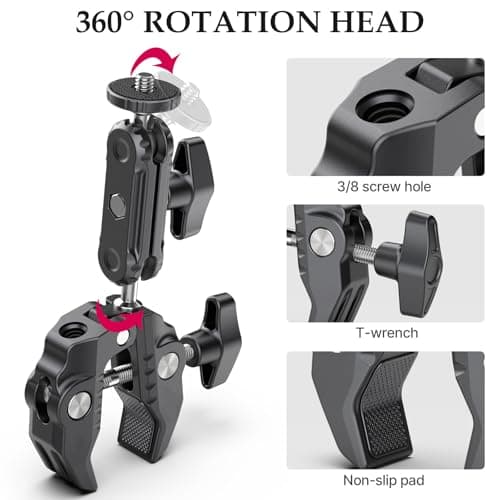 XIAOTJ Super Clamp Camera Mount with Magic Arm Double 360° Ballhead and Phone Tripod Mount/Action Camera Adapter for Phone/GoPro DJI Insta360/Monitor/DSLR/Motorcycle Bike Handlebar Gun Scope Mounts - Thumbnail 3