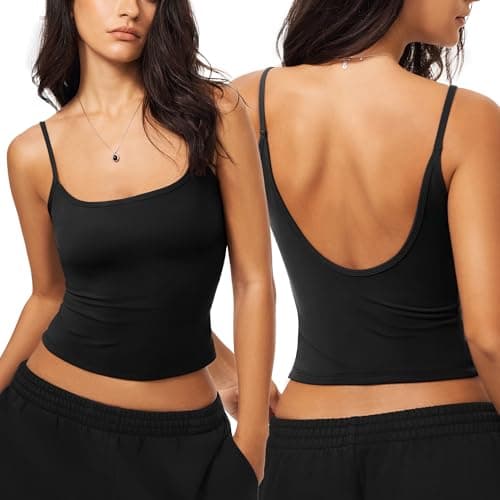 SuperArugoo Women’s Open Back Crop Tank Top Spaghetti Strap Square Neck Cami Y2K Going Out Summer Tops Black - Image 1