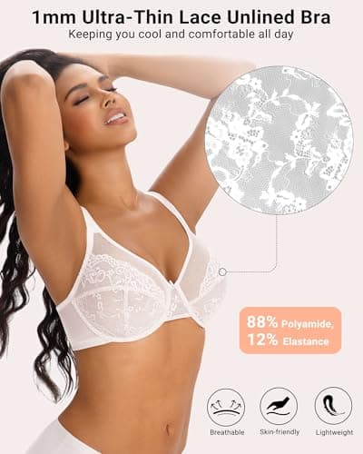 As Fairy Supportive Breathable Unlined Lace Bra for Women Full Coverage Underwire Minimizer Bra for Fuller Bust(White 34DDD) - Thumbnail 2