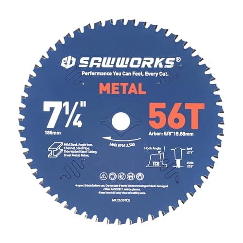 SawWorks 7-1/4 Inch 56T TCG Carbide Circular Saw Blade, Fine Clean Cuts for Thin mild Steel and Non-Ferrous Materials, 5/8" Arbor