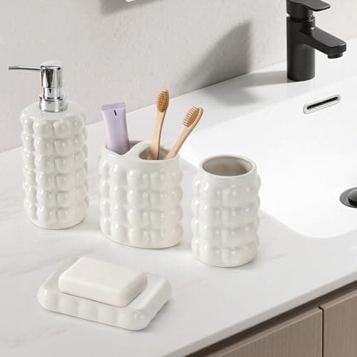 4 Piece Ceramic Bathroom Accessories Set –Soap Dispenser,Toothbrush Holder,Tumbler & Soap Dish,Includes Silicone Funnel,Non-Slip,Modern Farmhouse Countertop Organizer Set for Bathroom Decor, White - Thumbnail 2