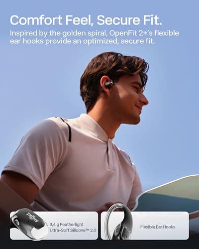 SHOKZ New OpenFit 2+ Open-Ear Headphones, Dolby Audio Enabled, Comfortable Earbuds with Soft Ear Hooks, 48H Playtime, IP55 Water-Resistant, USB-C Fast Charging, Wireless Charging, Carrying Bag, Black - Thumbnail 5