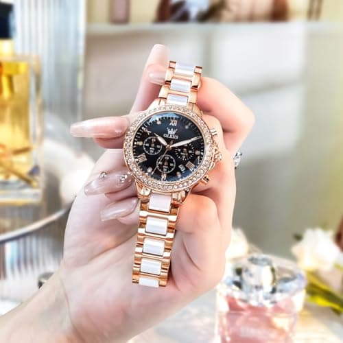 OLEVS Ladies Luxury Watch Black Mother of Pearl Dial Rose Gold Ceramic Stainless Steel Band Diamond Accents Women's Dress Watch Chronograph Elegant Ladies Waterproof Watches Fashion Quartz Watches - Thumbnail 4