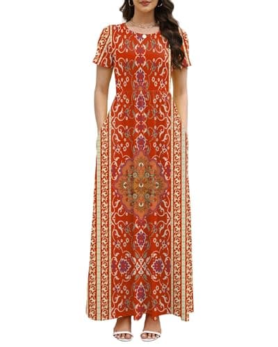 COSSEN Women’s Crewneck Short Sleeve Maxi Dress Red Boho Printed Medium with Pockets – Casual Loose Swing Sundress for Wedding Guest, Beach & Vacation - Image 1