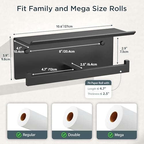 FORIOUS Black Toilet Paper Holder with Shelf, 304 Stainless Steel Wall Mount Commercial Toilet Paper Dispenser, Double Tissue Roll Holder for Bathroom, Matte Black - Thumbnail 3