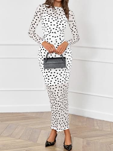 BTFBM Spring Dresses for Women 2026 2 Piece Set Long Sleeve Polka Dot Sexy Bodycon Mesh Dress and Slip Dress Wedding(Big Dot White Black, Small) - Thumbnail 4