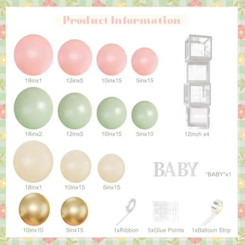 Pink and Green Gold Balloon Arch Kit, 132Pcs Pink and Green Baby Shower Decorations with Baby Boxes Letters for Girls Boho Baby Shower Gender Reveal Birthday Party Decorations - Thumbnail 2