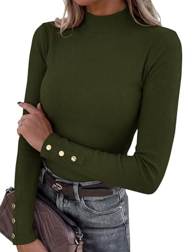 PRETTYGARDEN Women's Ribbed Mock Neck Long Sleeve Tops (Army Green,M) - Image 1