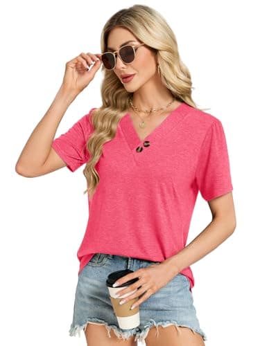 VUTRU Womens Short Sleeve Tops Summer Blouse V Neck Shirts Henley Tunic Loose Flowy Work Casual Plus Size Clothes, Heather Pink M - Thumbnail 4