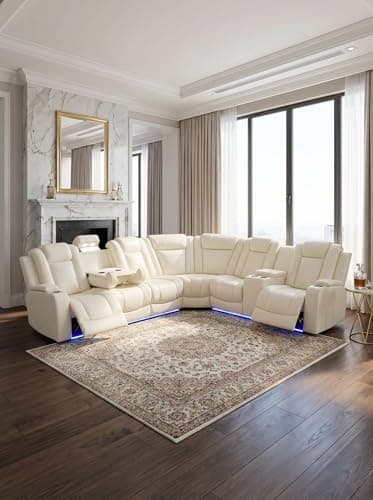 Power Sectional Sofa Couch Set, Living Room Furniture Sets, Power Reclining Sofa Sectional with with LED, Read Lights, USB, Cup Holders, Storage, Wireless Charging for Living Room(6 Seater, Off-White)
