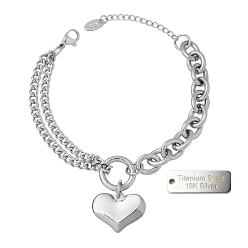Alegend Titanium Steel (Not Rust, Resist Corruption, Easily Clean) 18K Silver Plated Layered Bracelet with Heart Pendant - Adjustable Chain - Image 1