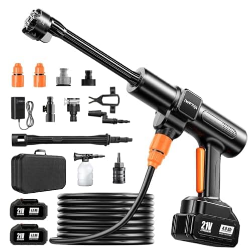Cordless Pressure Washer, 300PSI Portable Power Washer with 6-in-1 Nozzle & Foam Cannon, 21V Hand Held Pressure Washer with 2 Batteries & 32 FT Hose, 3.2 LBS Brushless Motor for Car, Garden, Fence - Image 1