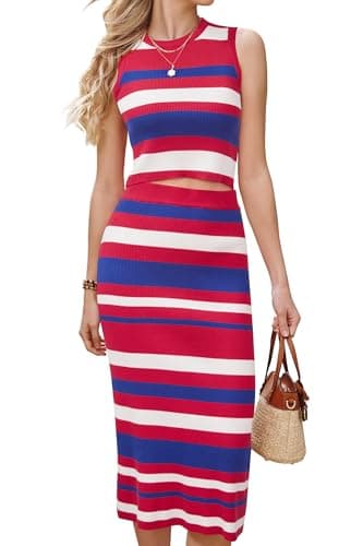 Arach&Cloz Women's Two Piece Sets 2025 Sweater Bodycon Dresses Summer Outfits Tank Top and Midi A-Line Skirt Stripe Knit Fall Suits (Dark Red-Navy L) - Image 1