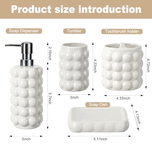 4 Piece Ceramic Bathroom Accessories Set –Soap Dispenser,Toothbrush Holder,Tumbler & Soap Dish,Includes Silicone Funnel,Non-Slip,Modern Farmhouse Countertop Organizer Set for Bathroom Decor, White - Thumbnail 3