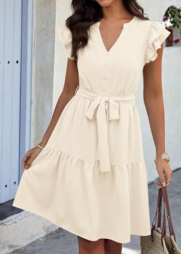 KIRUNDO Summer Dresses for Women 2026 Spring Flutter Sleeve V Neck Ruffle Flowy Tiered Knee Length Beach Vacation Sundress(Beige, XX-Large) - Thumbnail 4