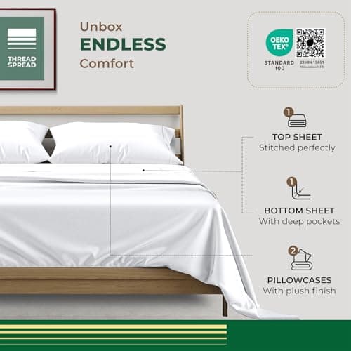 THREAD SPREAD 100% Organic Cotton Sheets California King Size - 4 PC Organic Cotton Cal King Size Percale Weave Sheet Set, Soft, Cooling & Crisp, 16" Deep Pocket Hotel Quality Bedding Set - White - Thumbnail 2